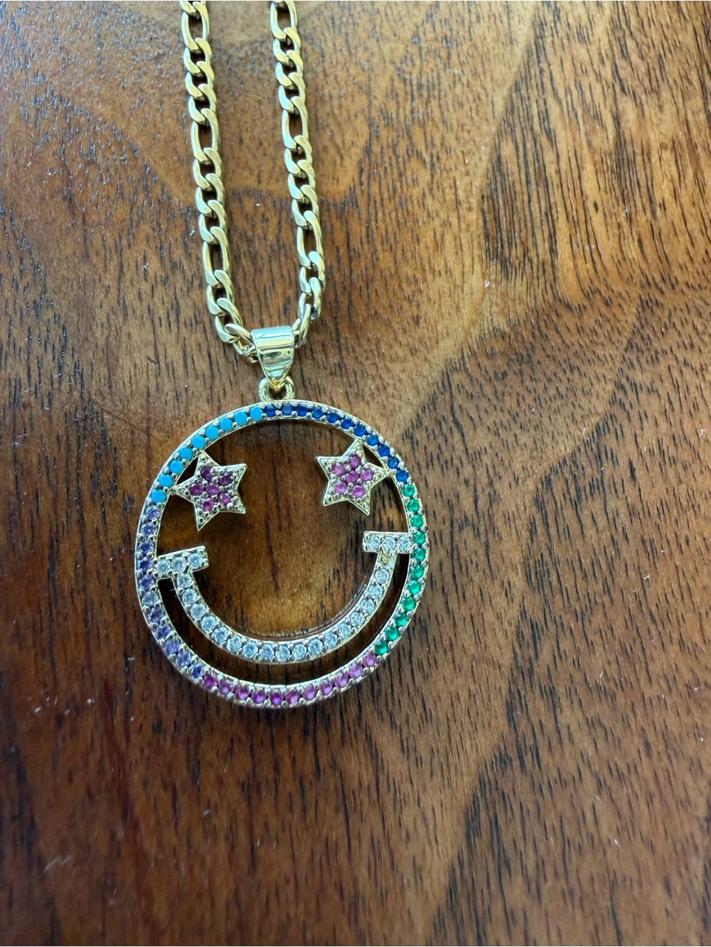 Gold Rainbow Smiley Pendant Necklace with Multicolor Stones 16 inch